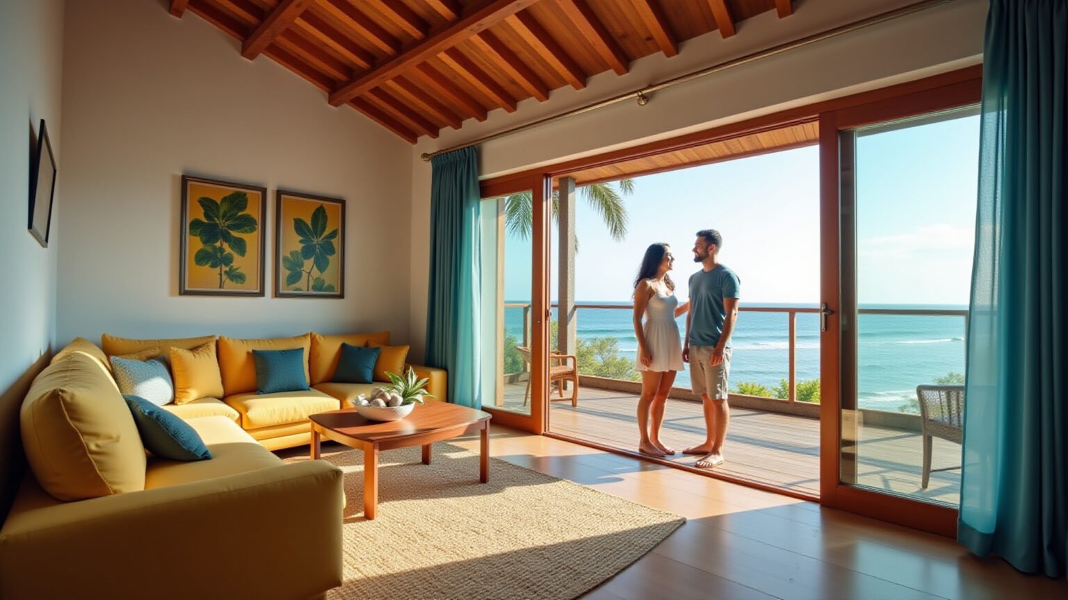 Interior vibrante de casa de praia em Imbituba, SC, com vista para o mar.