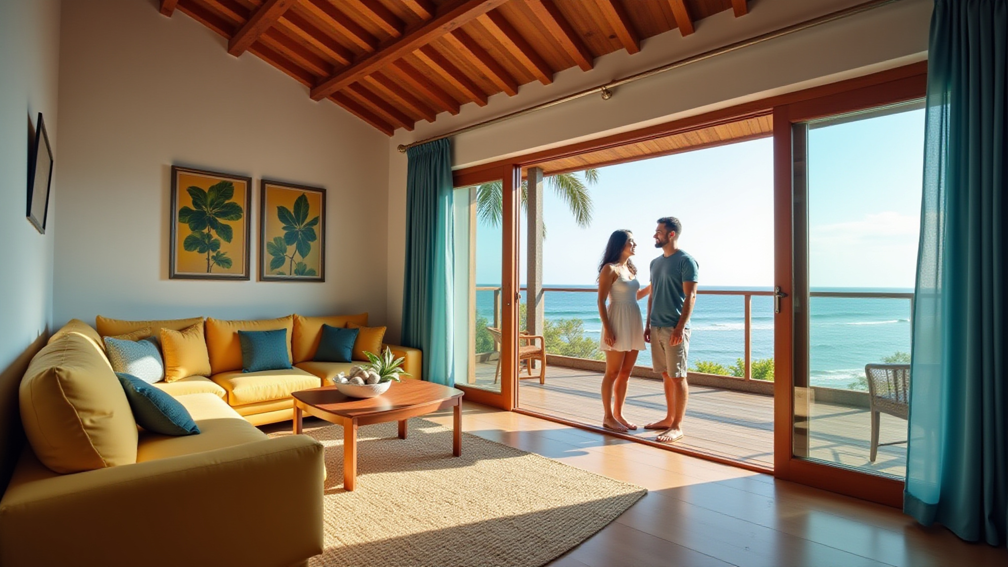 Interior vibrante de casa de praia em Imbituba, SC, com vista para o mar.