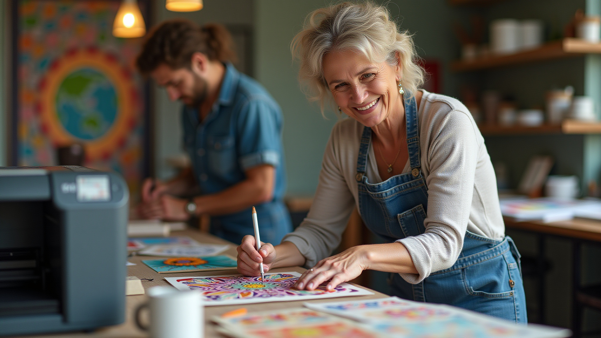 Mulher sorrindo usa impressora para artesanato colorido com toners.