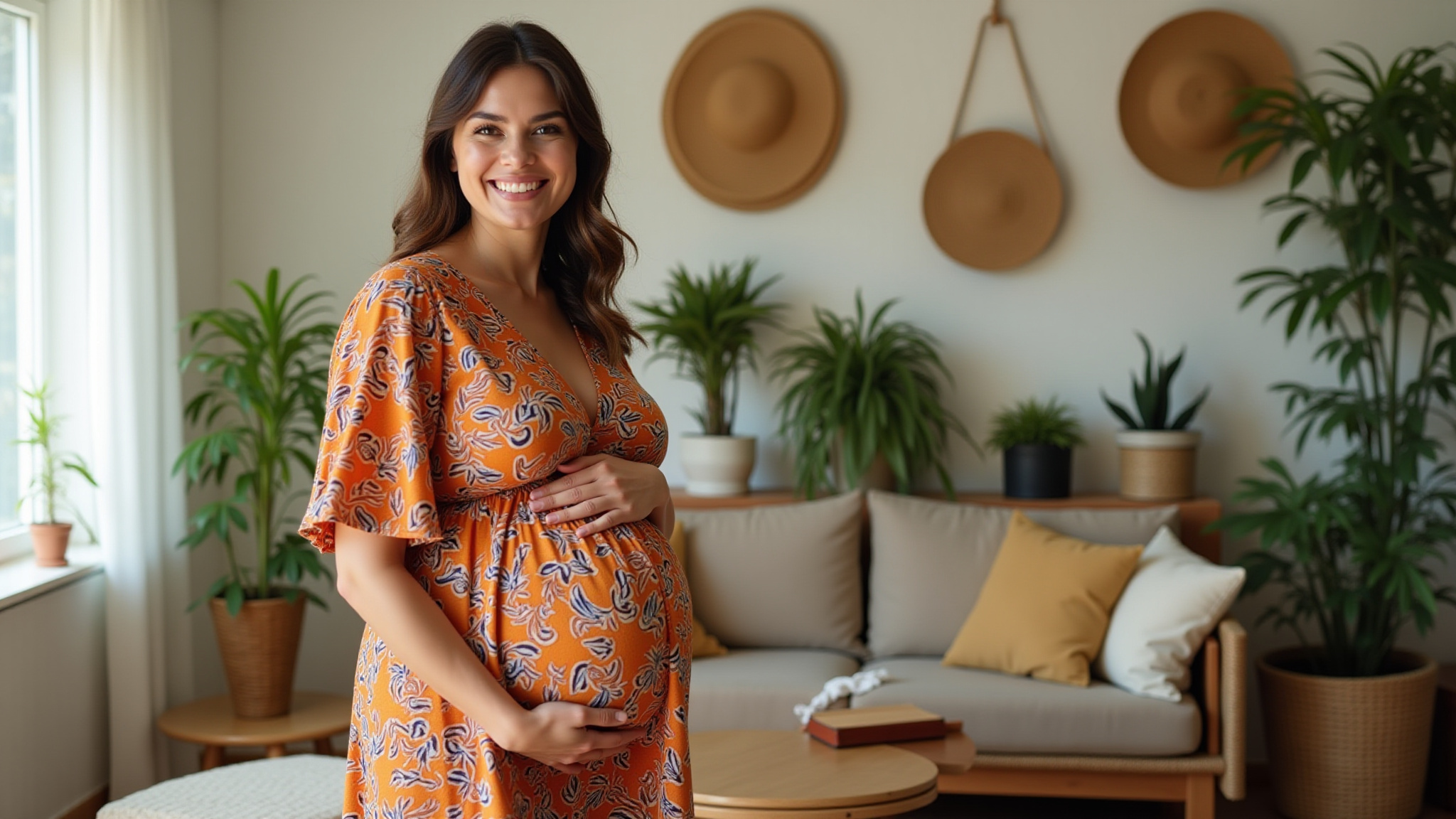 Grávida elegante em vestido estampado em sala decorada com estilo brasileiro.