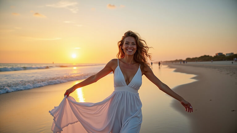Mulher de vestido branco na praia no Ano Novo, cores vibrantes.