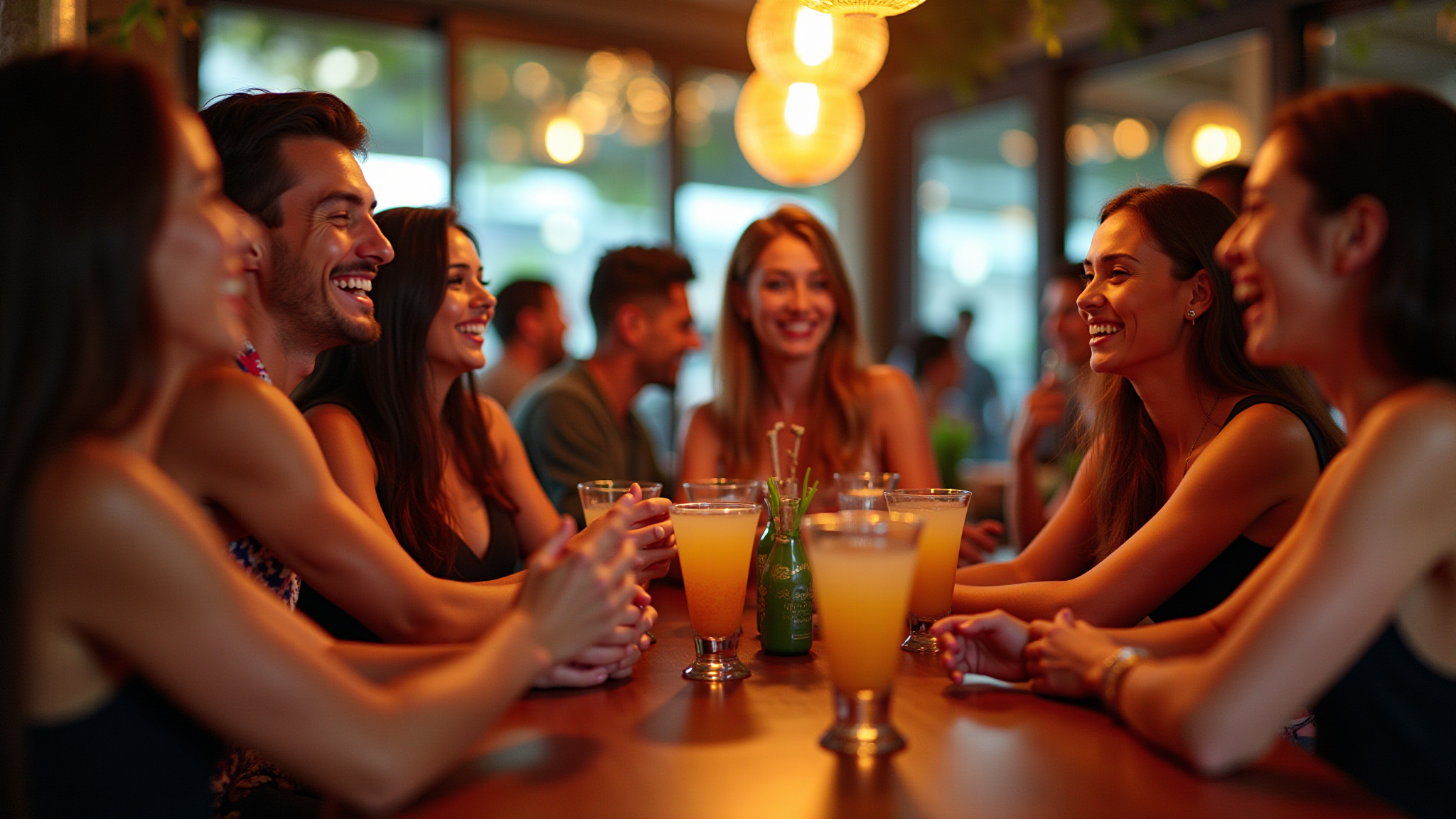 Bar vibrante em São Paulo com amigos aproveitando o happy hour.