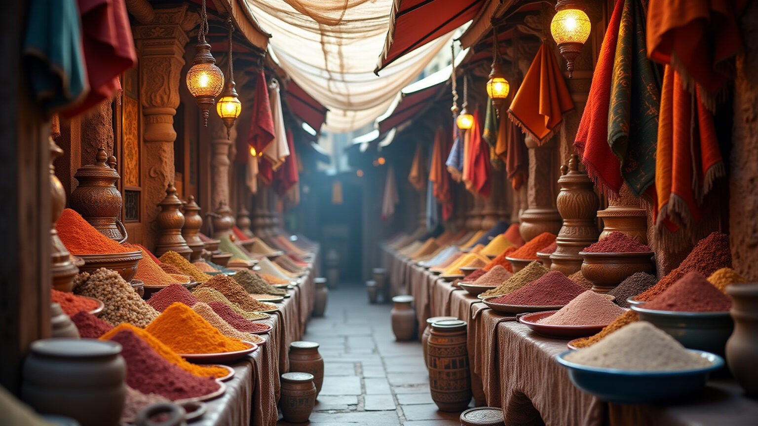 Mercado marroquino vibrante com especiarias coloridas e artesanato tradicional.