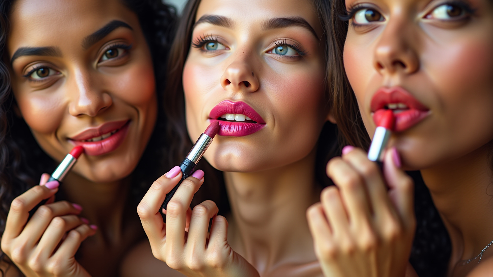 Mulheres diversas experimentando diferentes tons de lip tint.
