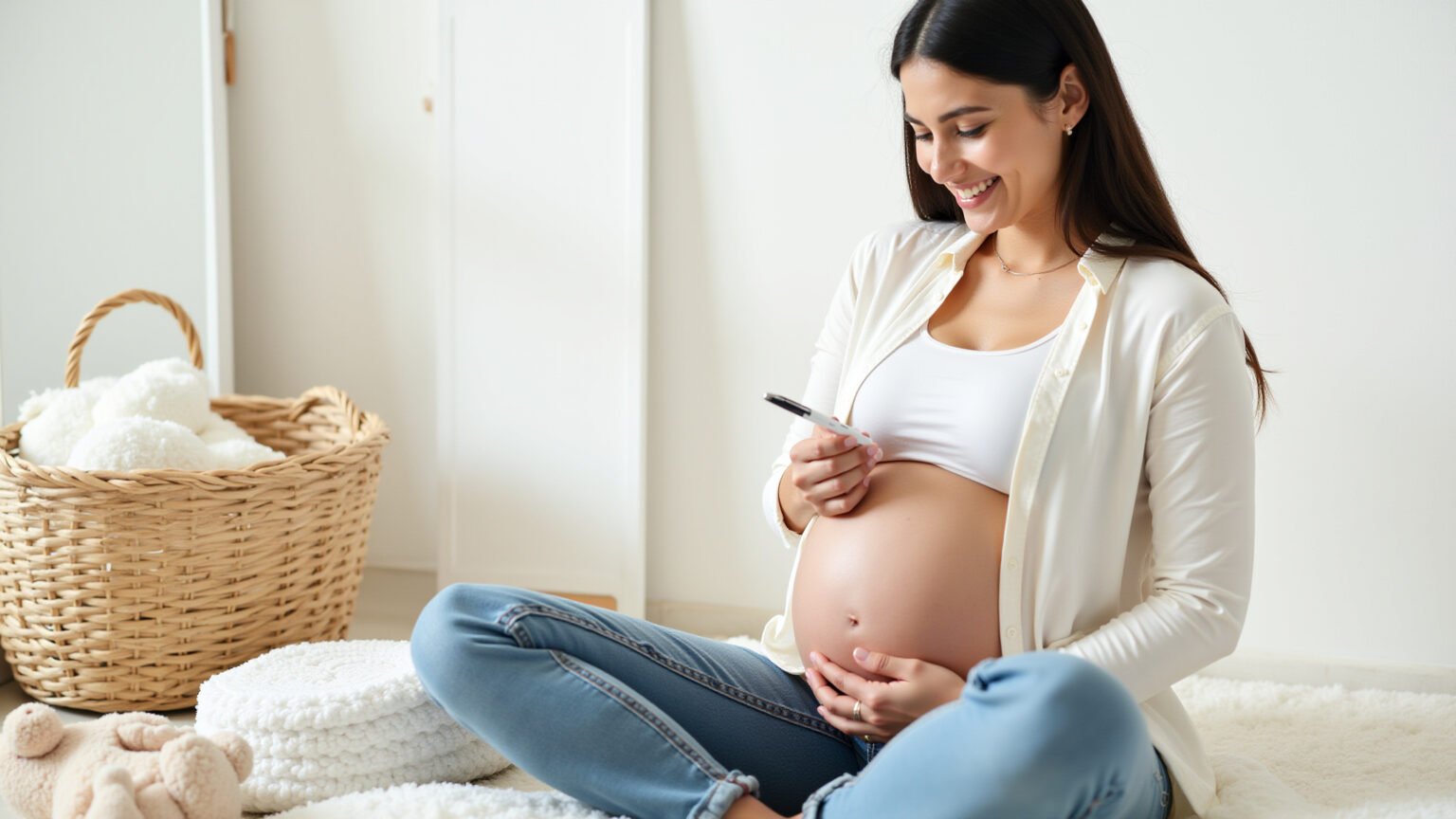 Gestante sorrindo com checklist de preparativos para o parto.