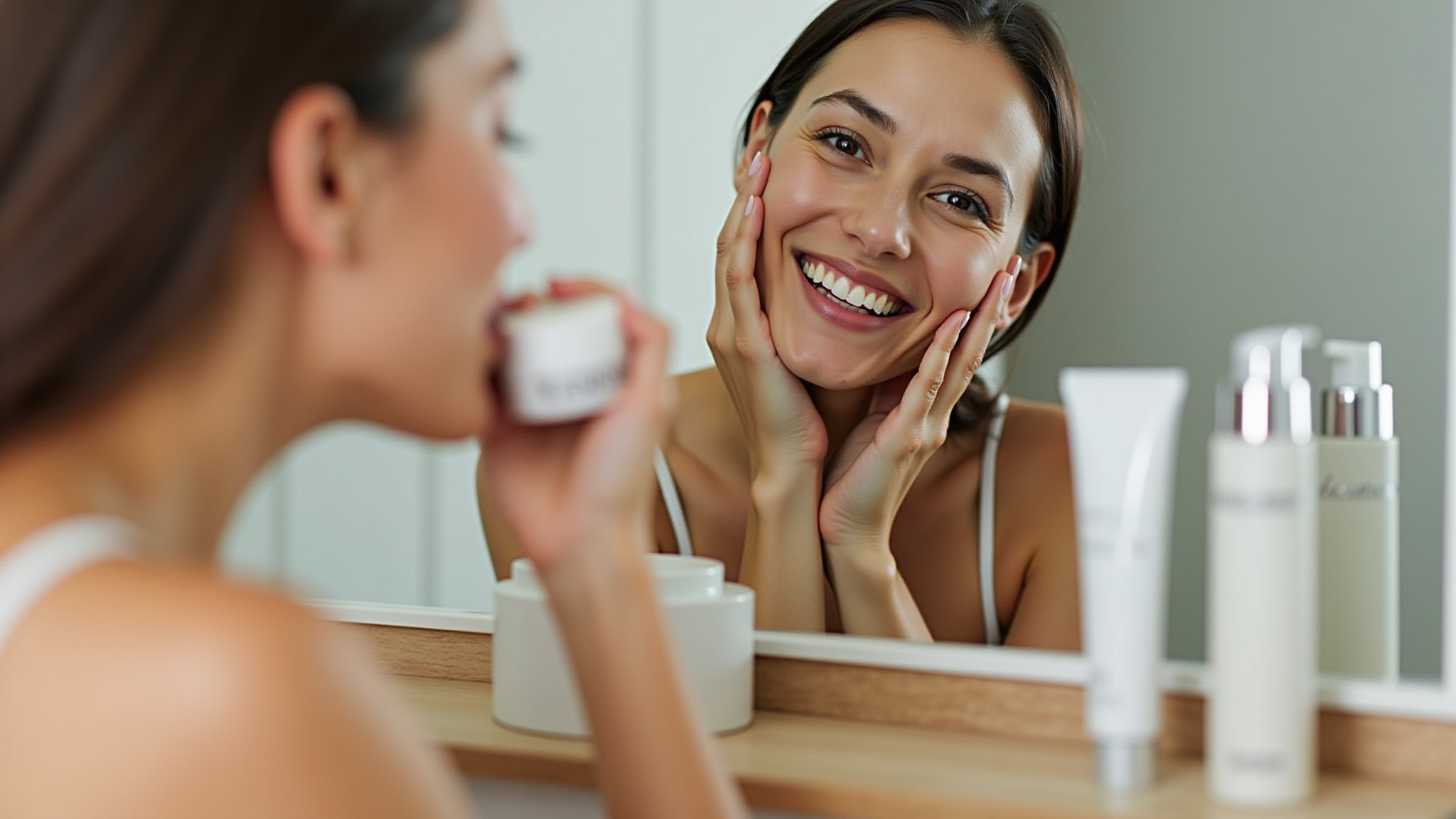 Mulher sorrindo aplicando hidratante facial em rotina de skincare minimalista.