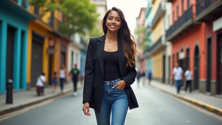 Mulher estilosa com blazer preto, jeans e tênis em São Paulo.