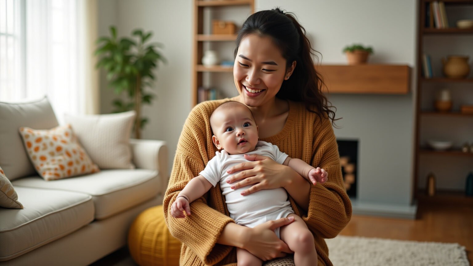 Mãe exausta, mas feliz, segurando seu bebê no puerpério.