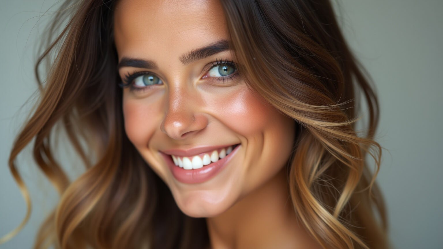 Mulher morena sorrindo com mechas frontais loiro mel iluminando o rosto.