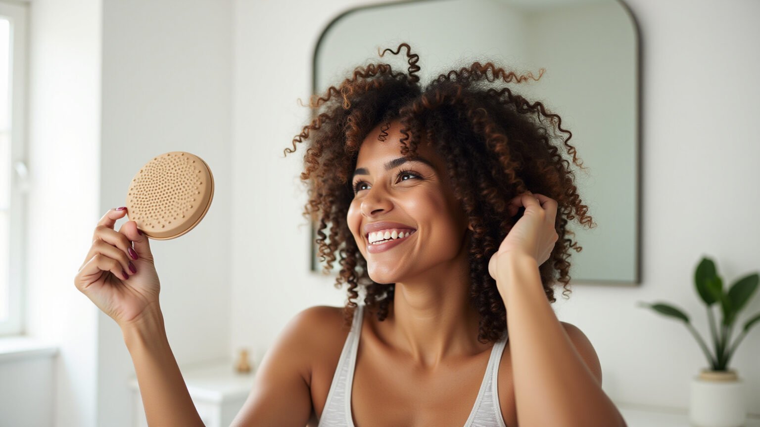 Mulher brasileira sorrindo enquanto usa difusor para cachos no banheiro.