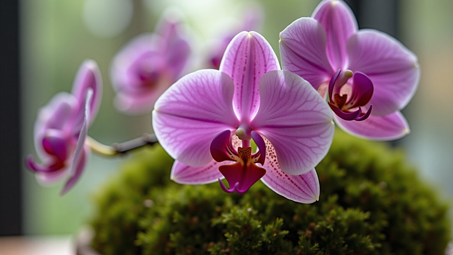 Kokedama de orquídea Phalaenopsis exuberante em detalhe.