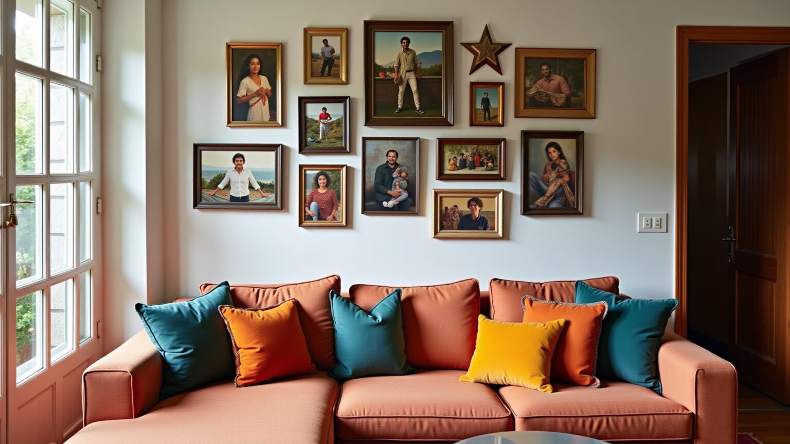 Sala aconchegante com galeria de fotos pessoais na parede.