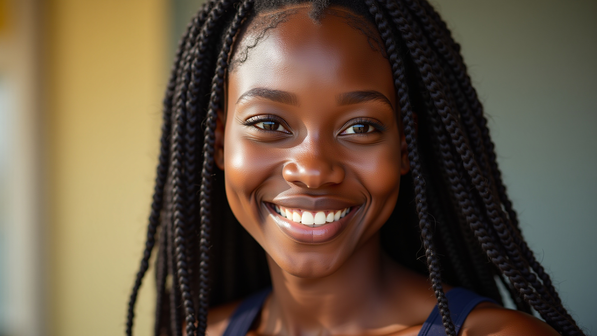 Mulher negra sorrindo com tranças Nagô vibrantes e elaboradas.