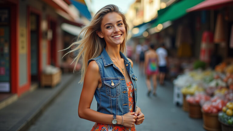 Mulher estilosa com colete jeans curto em mercado vibrante.