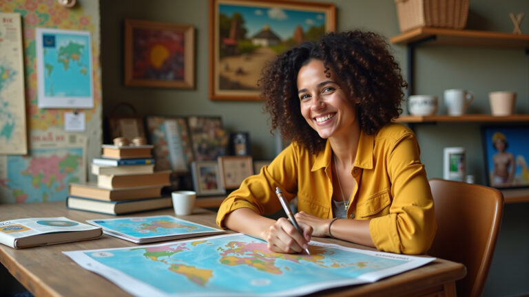 Mulher sorrindo planejando viagem com mapa e guias de viagem.