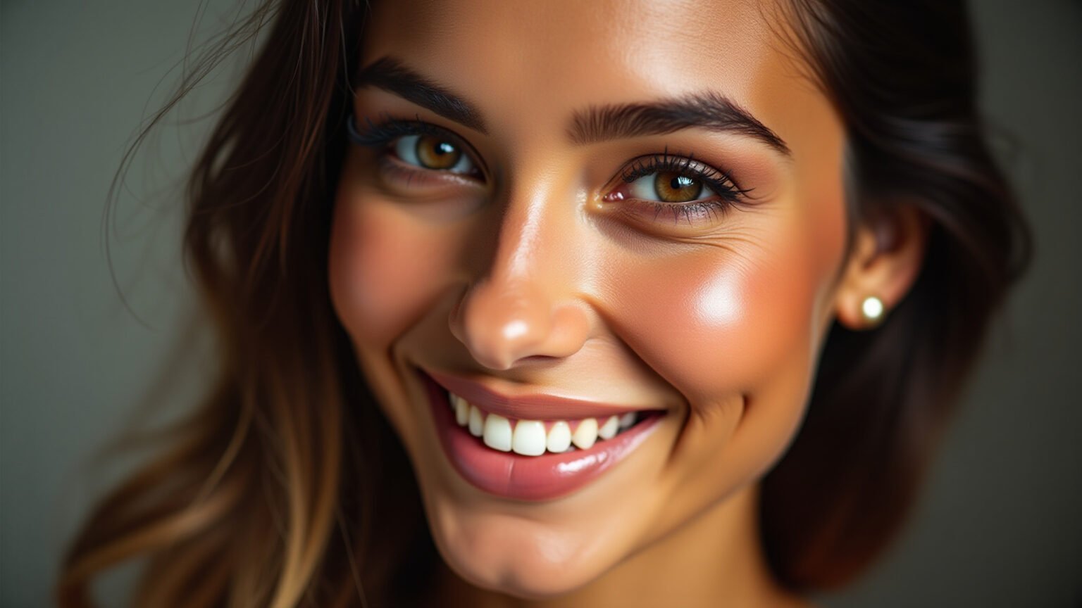 Mulher sorrindo com maquiagem efeito glow.