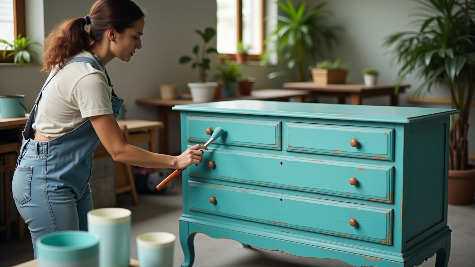 Mulher pintando cômoda antiga com tinta turquesa em oficina vibrante.