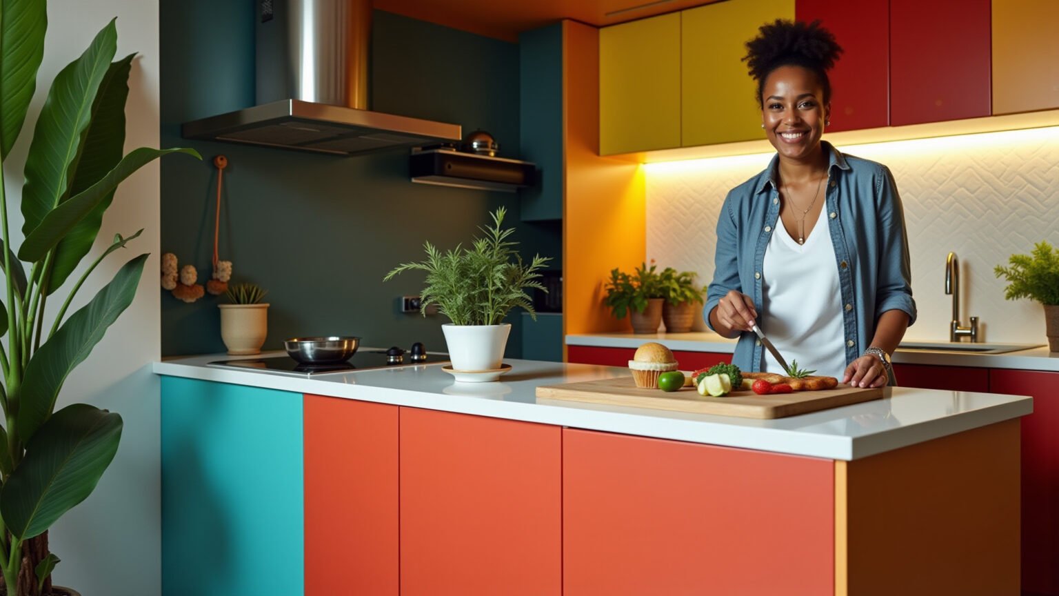 Cozinha pequena com ilha vibrante e funcional.