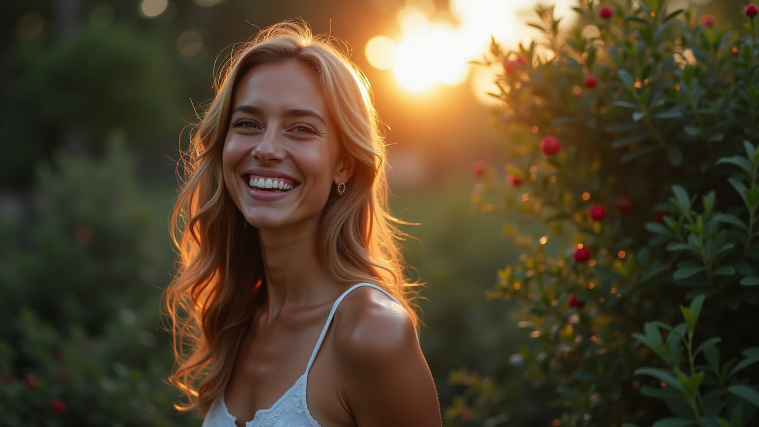Mulher sorrindo lendo horóscopo de Capricórnio em ambiente aconchegante.