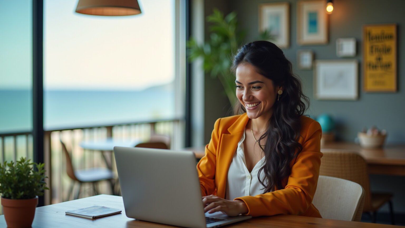 Mulher nômade digital trabalhando em Florianópolis com vista para o mar.