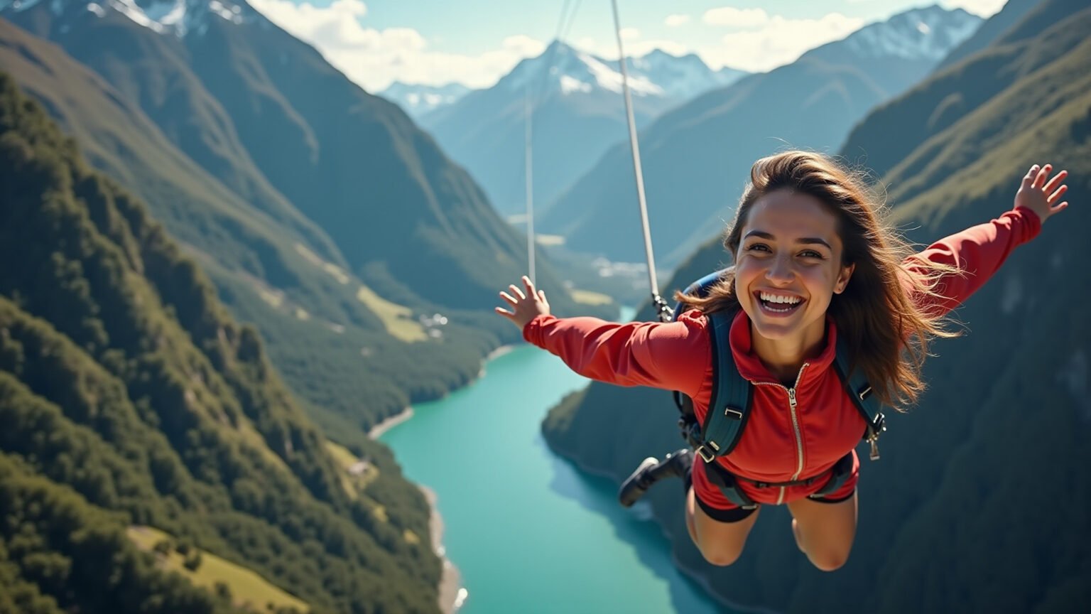 Mulher brasileira sorrindo ao pular de bungee jump em Queenstown, Nova Zelândia.