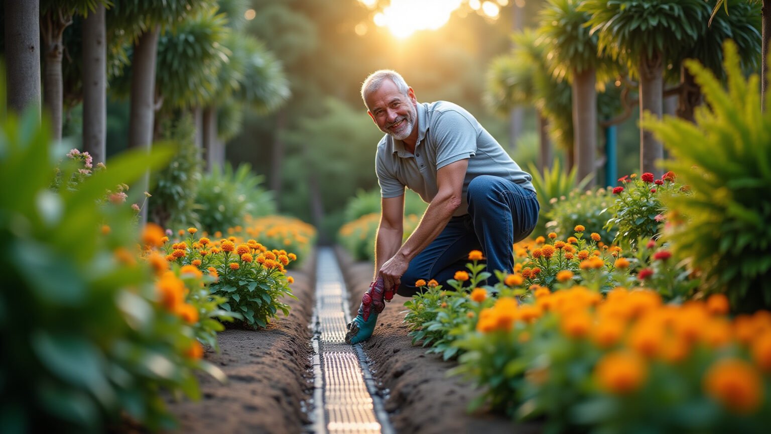 Jardim brasileiro vibrante com sistema de drenagem moderno em instalação.