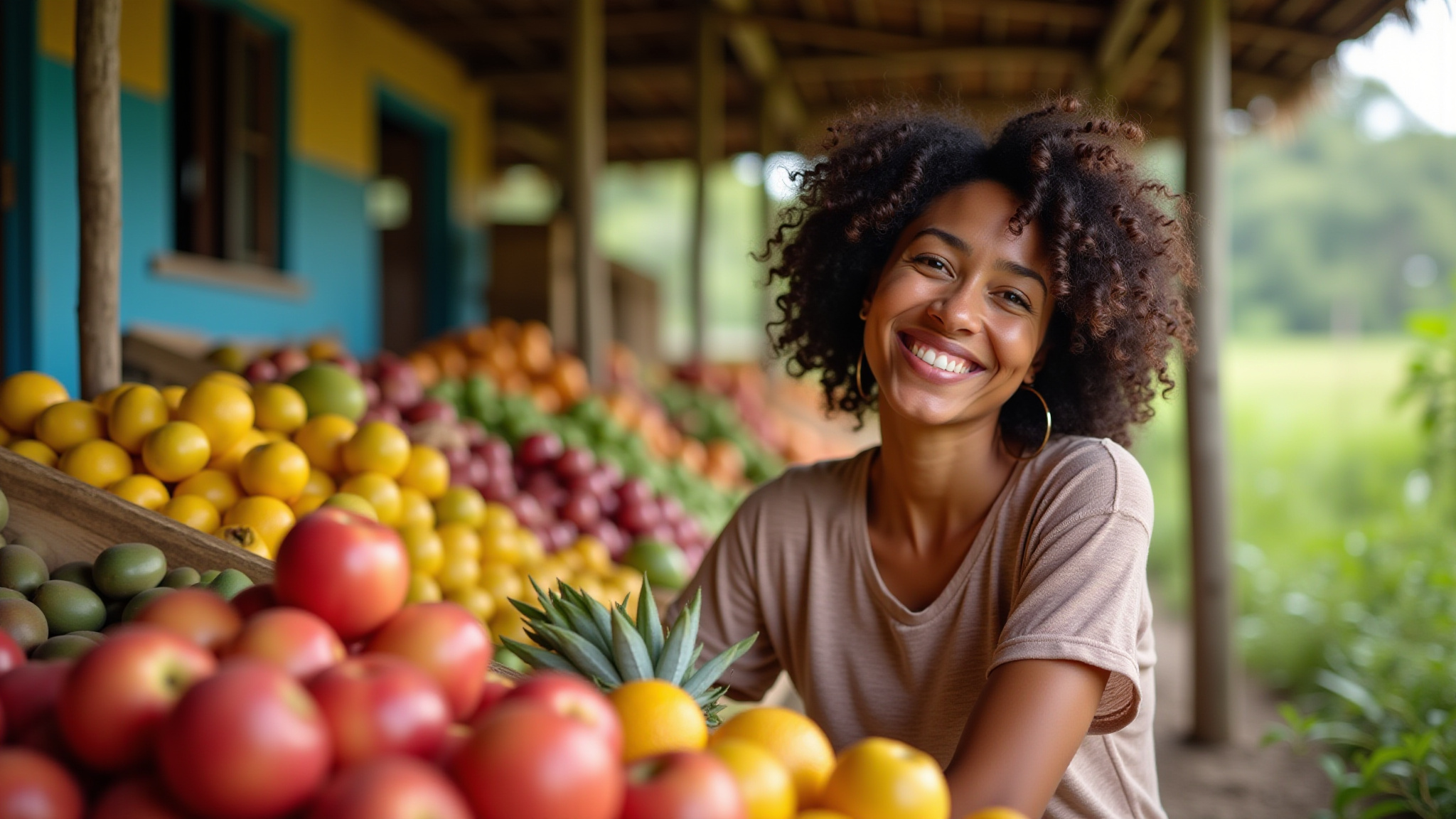 Mulher sorrindo em destino de turismo rural no Brasil.