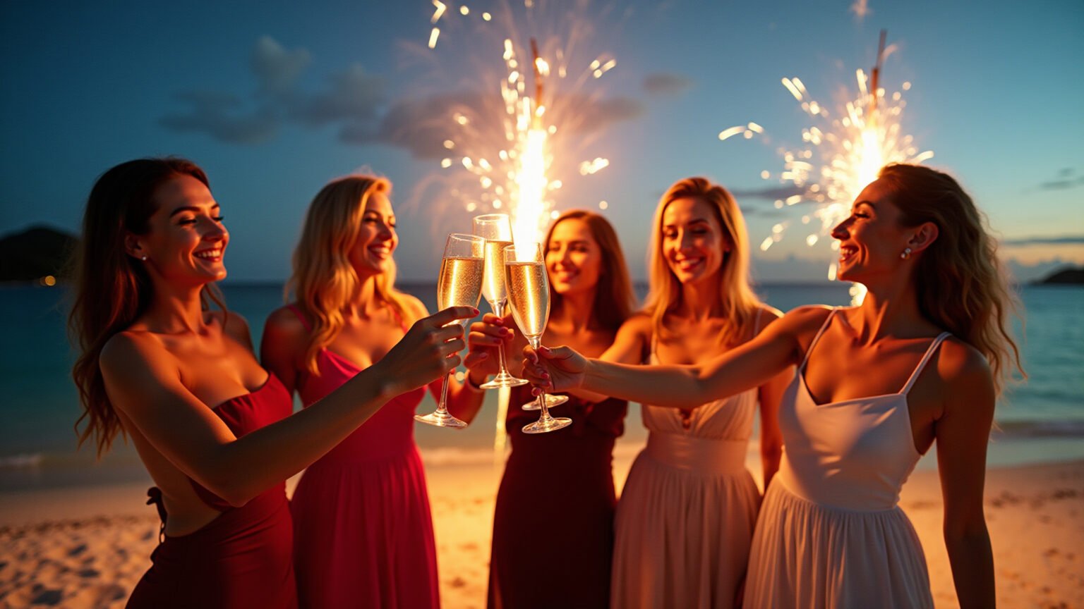 Mulheres brindando na praia no Réveillon, celebrando o Ano Novo no Brasil.