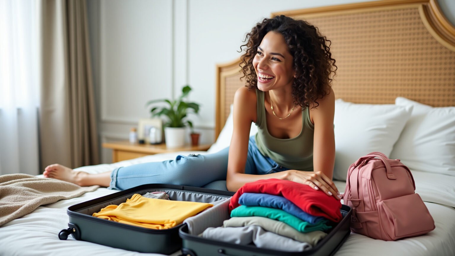 Mulher brasileira sorrindo, preparando mala e com seguro viagem.