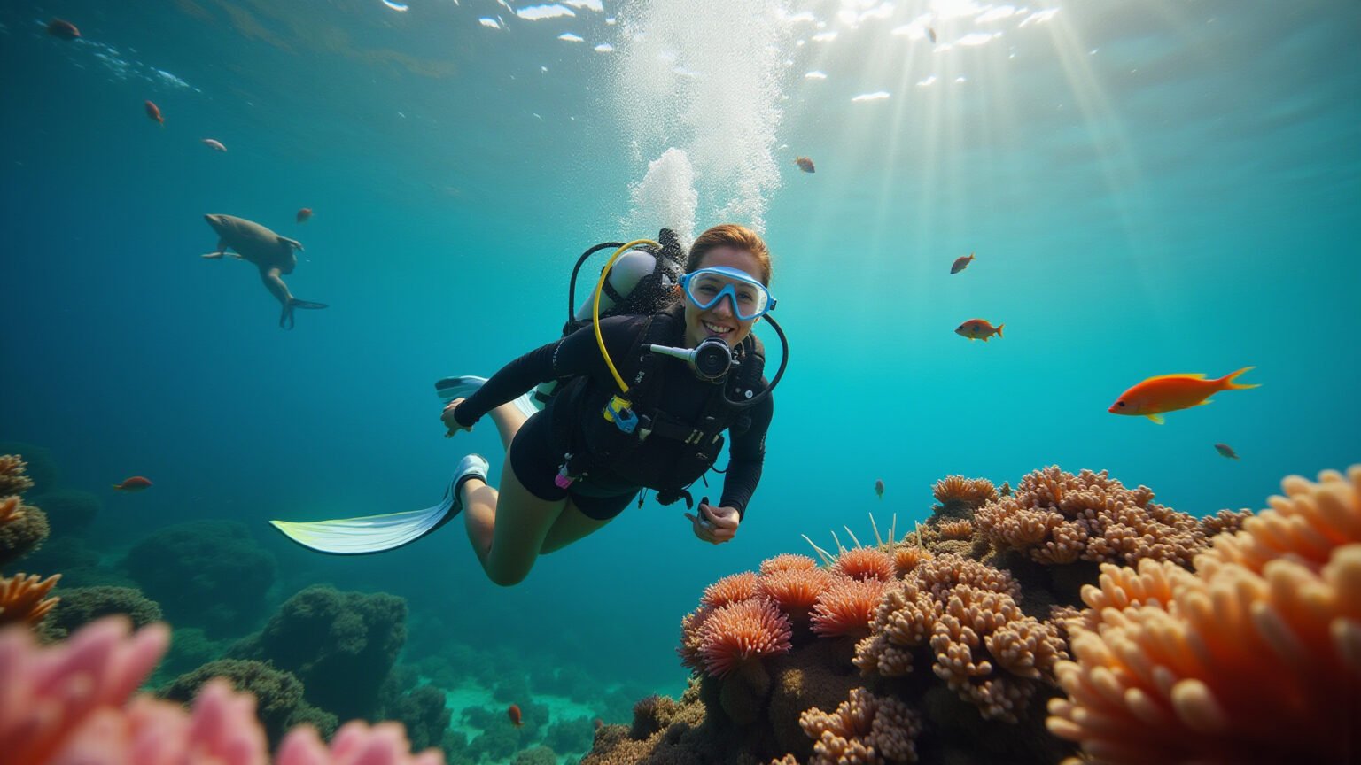 Mergulhadora explorando vibrante recife de coral em Belize.
