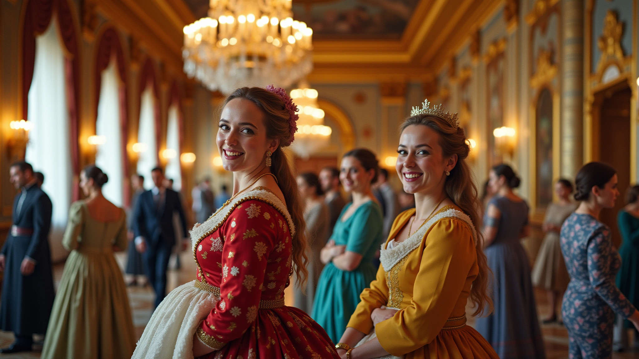 Interior opulento de palácio russo imperial com detalhes dourados e pessoas sorrindo.