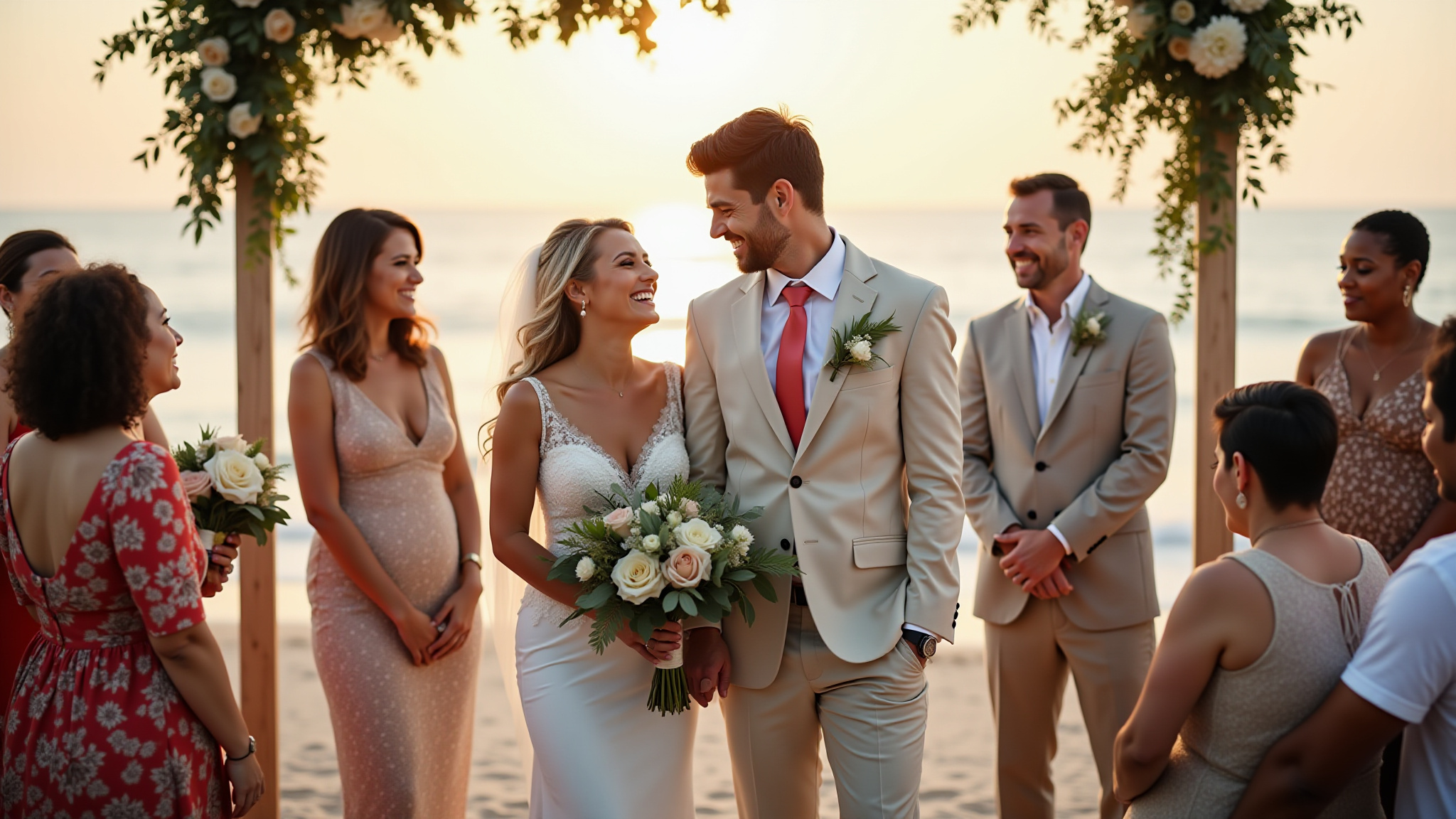 Casamento vibrante na praia no Brasil com noivos sorrindo.
