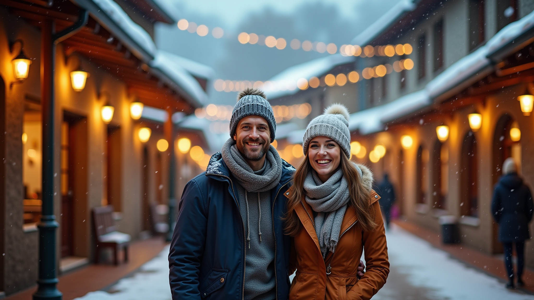 Casal feliz curtindo o inverno em Campos do Jordão.