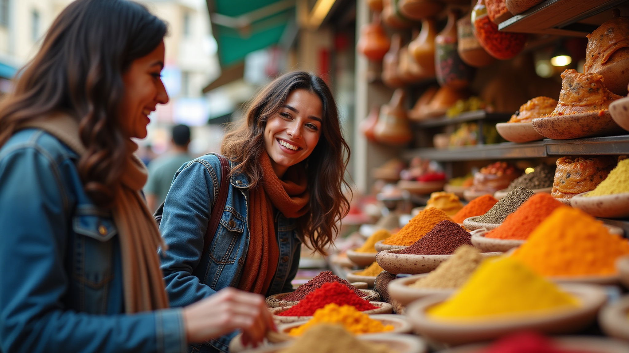 Mulheres brasileiras sorrindo explorando bazar vibrante em Istambul.