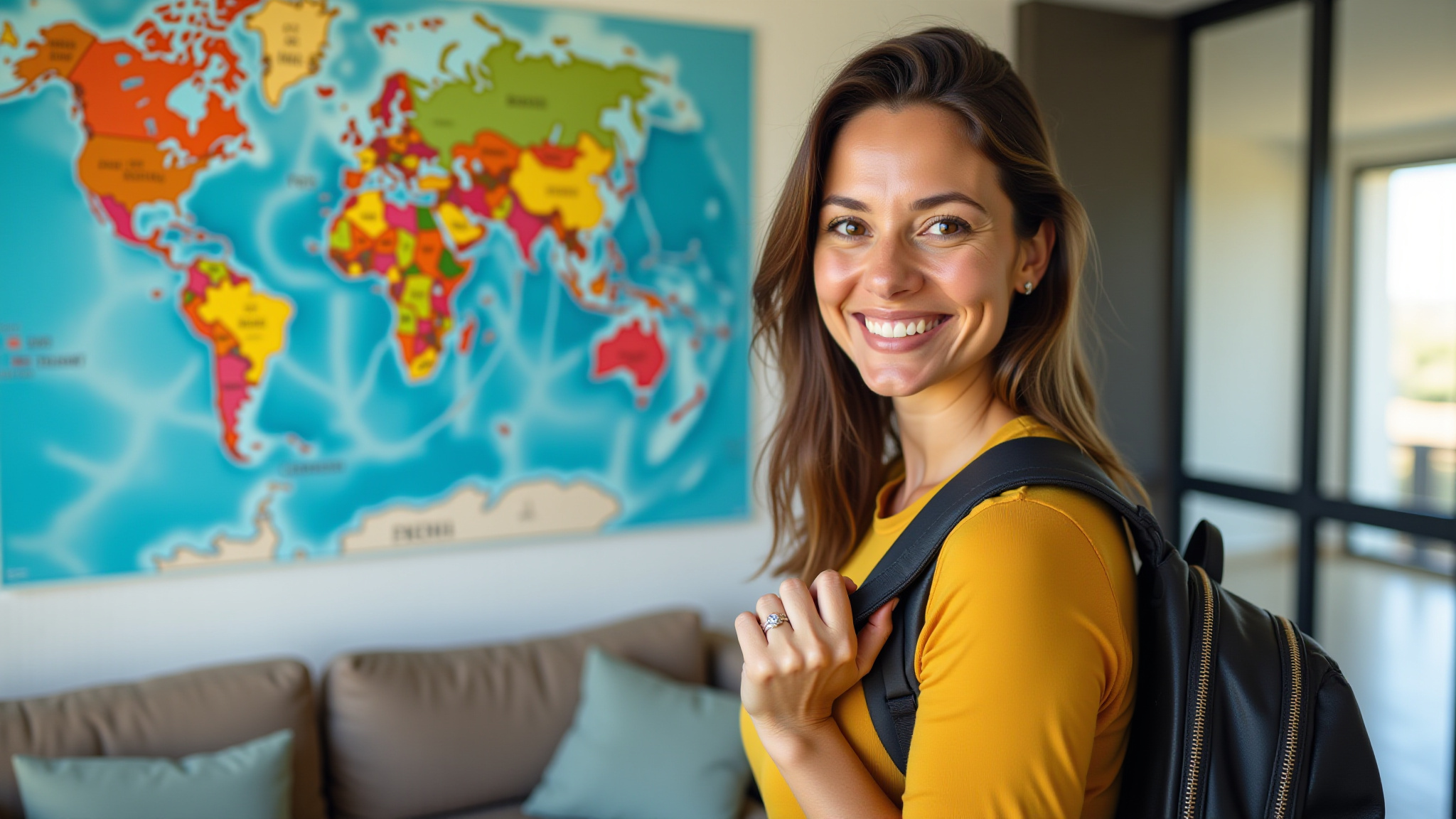 Mulher brasileira sorrindo enquanto prepara mochila para volta ao mundo.