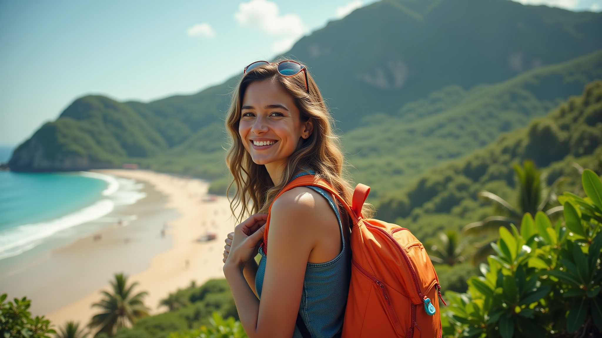 Mulher sorrindo planejando ano sabático com mapa e diário de viagem.