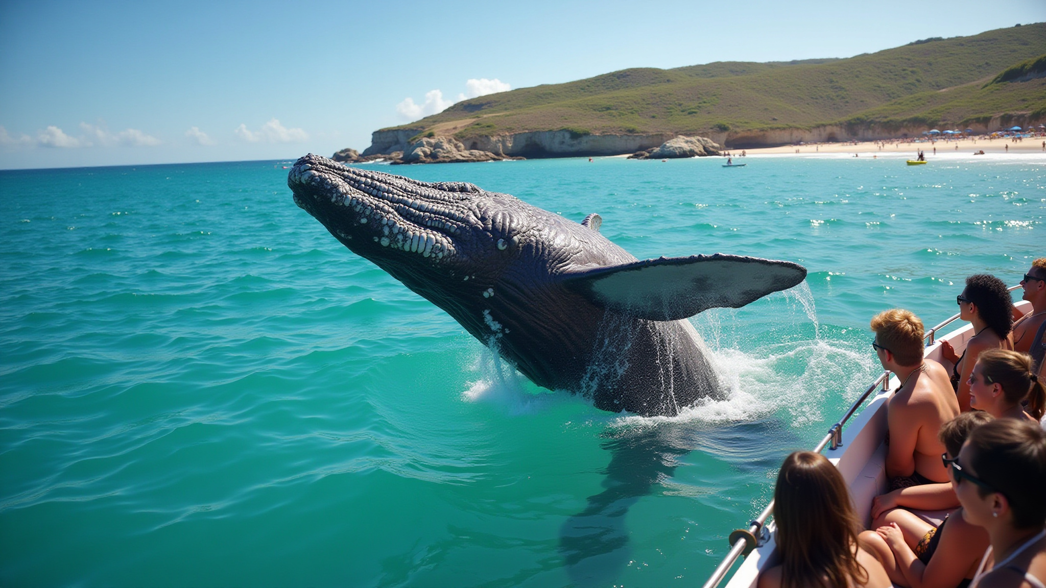 Baleia Jubarte saltando perto de barco com turistas em Abrolhos, Bahia.