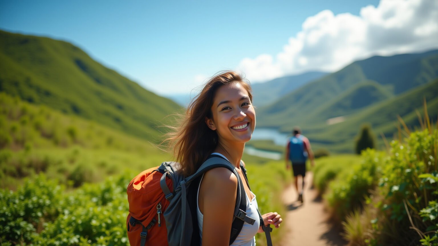Trilha exuberante em Florianópolis com hiker sorrindo.