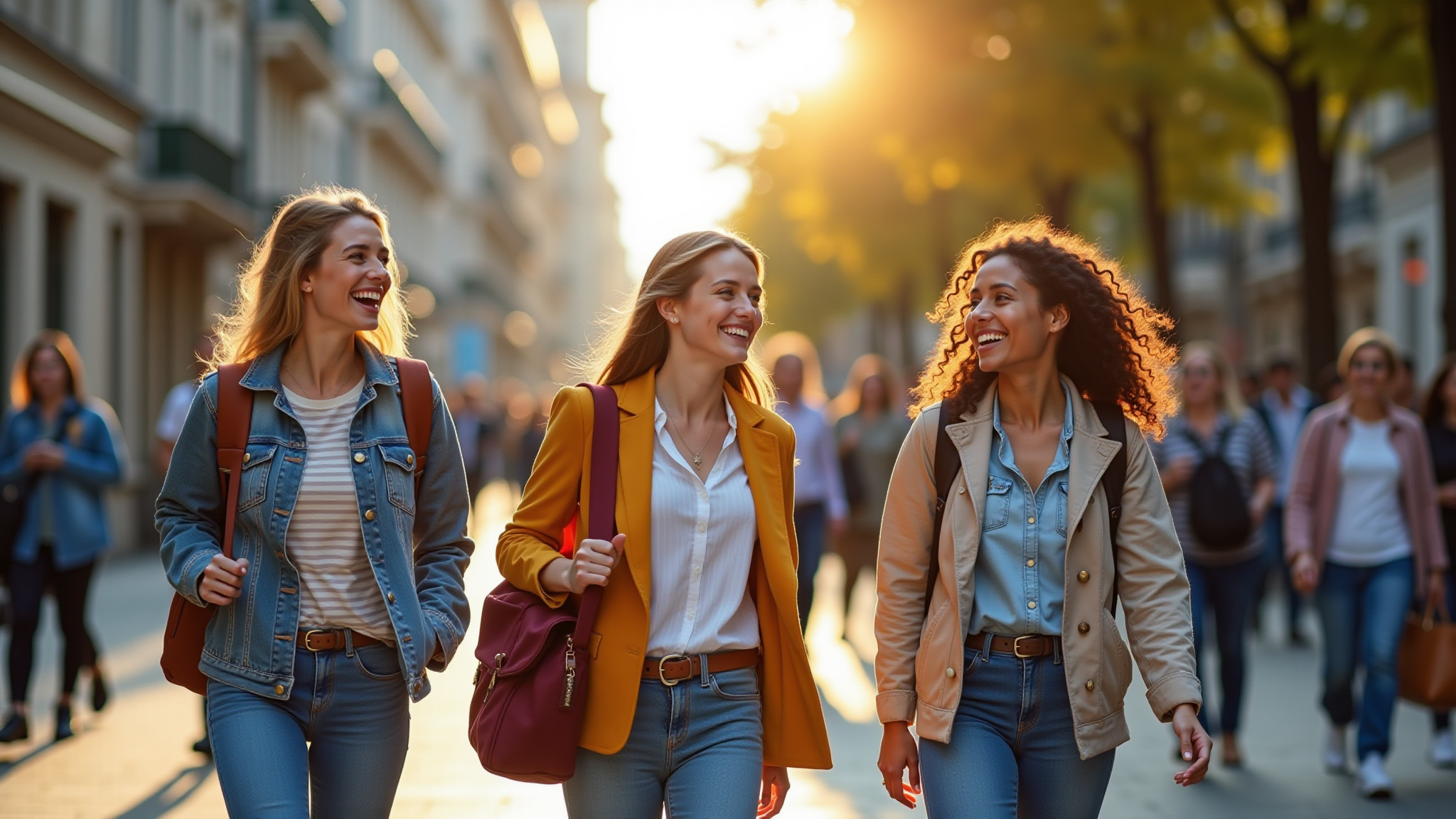 Mulheres jovens e diversas explorando cidade vibrante em intercâmbio.