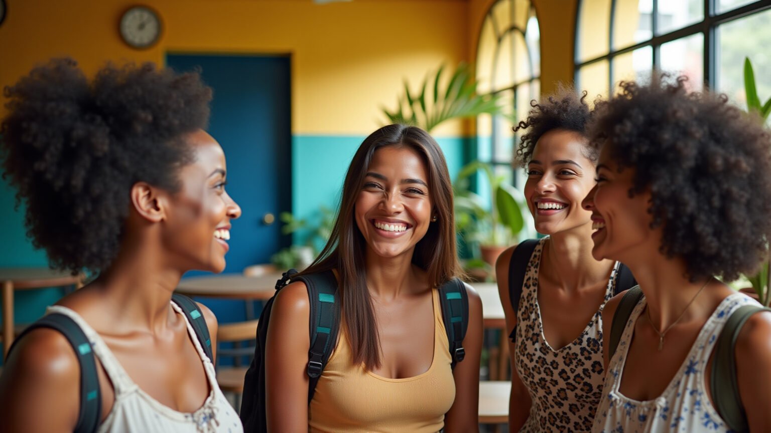 Mulheres diversas rindo em hostel no Rio, viajando sozinhas.