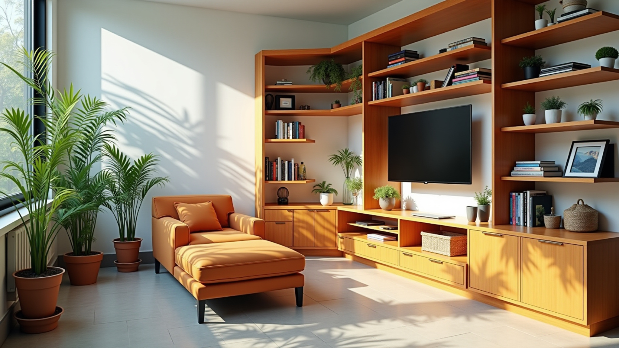 Interior de casa brasileira organizada com soluções de armazenamento eficazes.