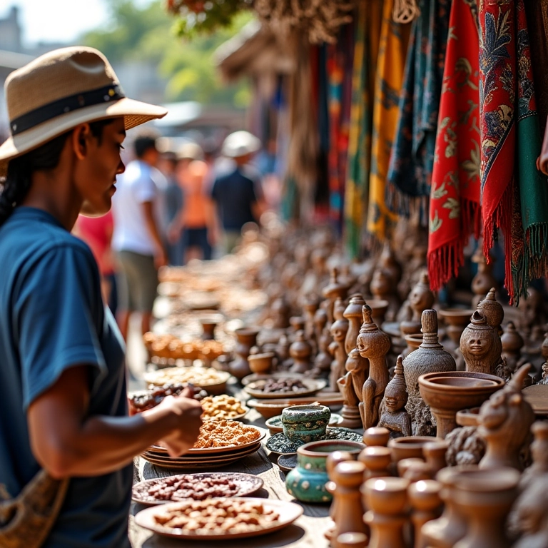 Feira de artesanato vibrante com diversos artesãos exibindo seus produtos.