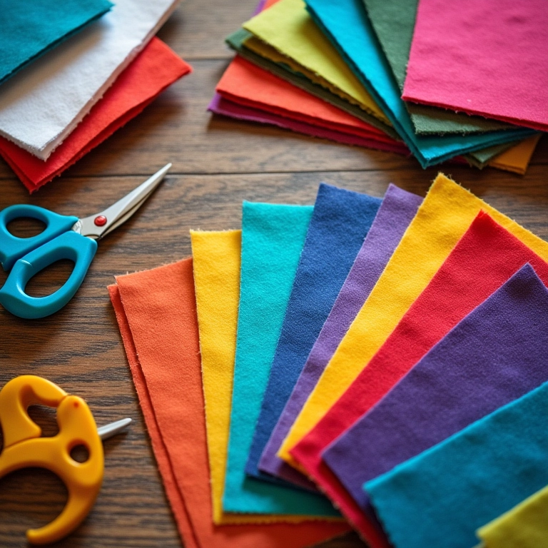 Ferramentas e materiais para artesanato em feltro, incluindo feltros coloridos e cola.