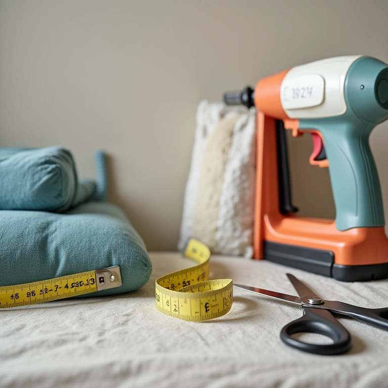 Ferramentas para fazer cabeceira estofada: grampeador, tesoura e fita métrica.