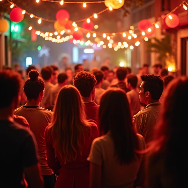 Festa de São João vibrante com decoração colorida e pessoas diversas celebrando.
