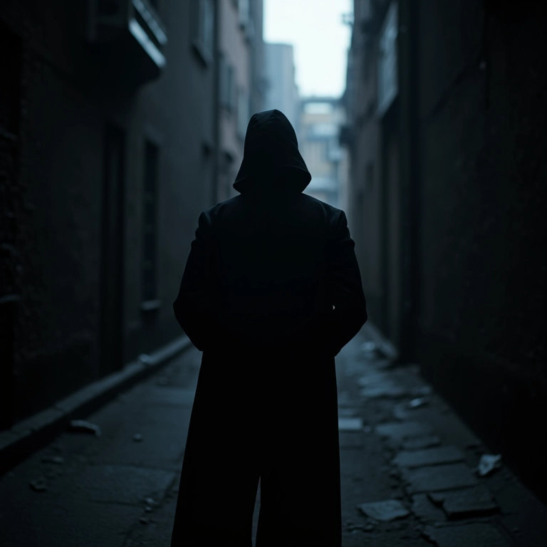 Figura sombria em beco escuro, representando o lado sombra de Leão.