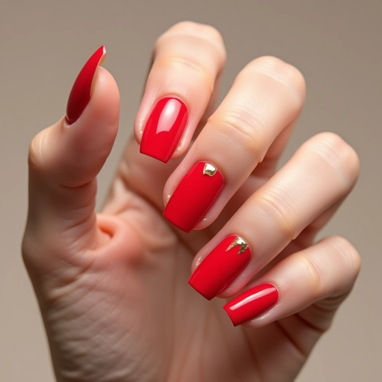 Filha única dourada em unhas vermelhas