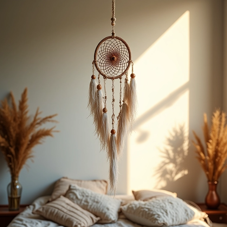 Filtro dos sonhos pendurado em um quarto com decoração boêmia e luz suave.