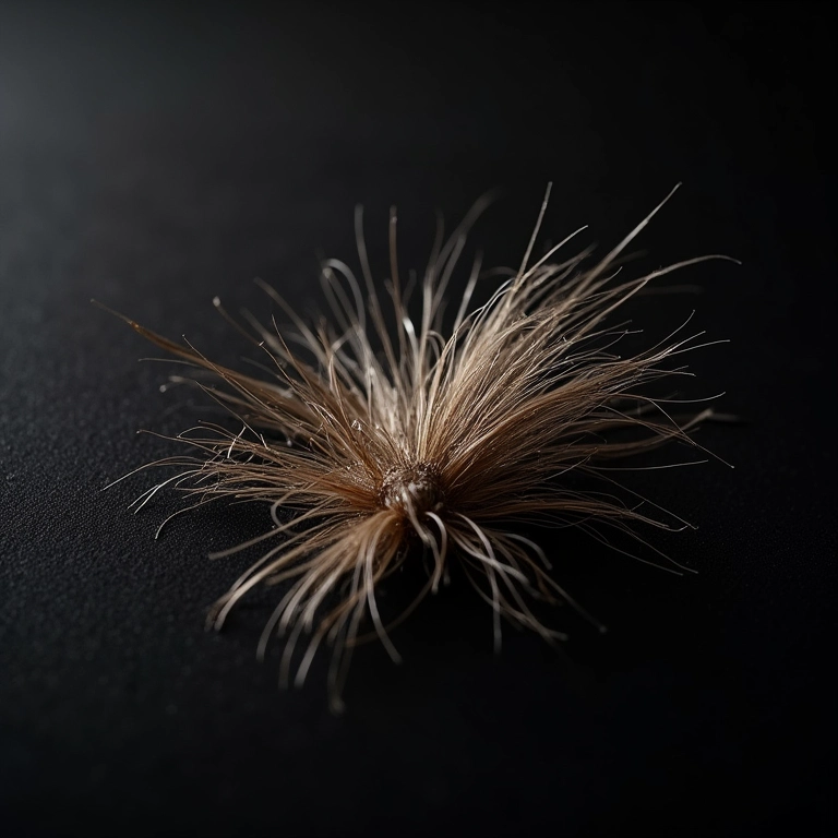 Fios de cabelo quebrados em uma superfície escura, mostrando a quebra excessiva.