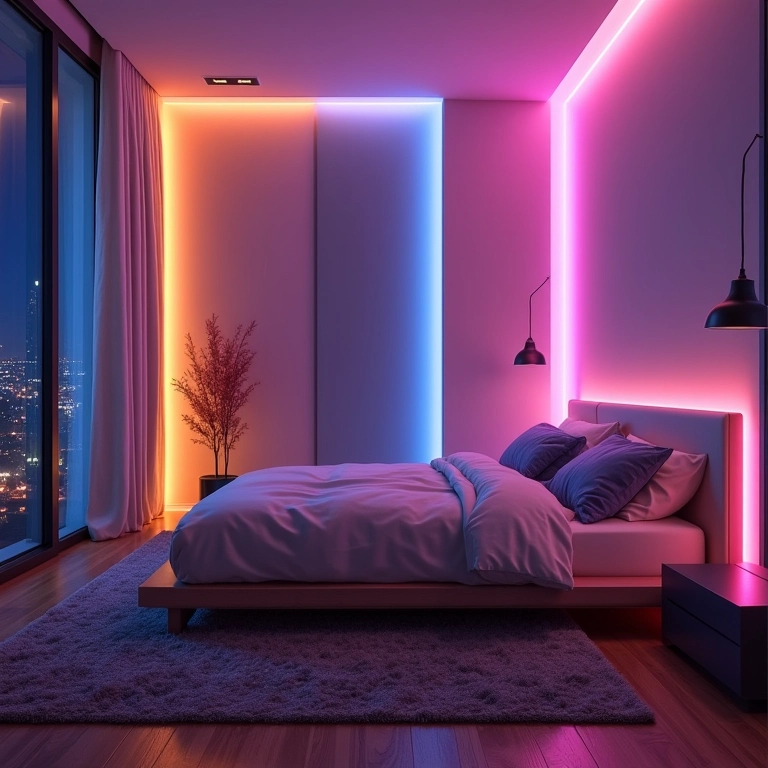 Fita de LED moderna e versátil iluminando um quarto de casal.